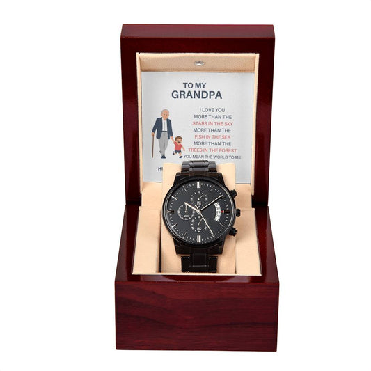 Grandpa Gift – Black Chronograph Watch from Grandson with Personalized Card