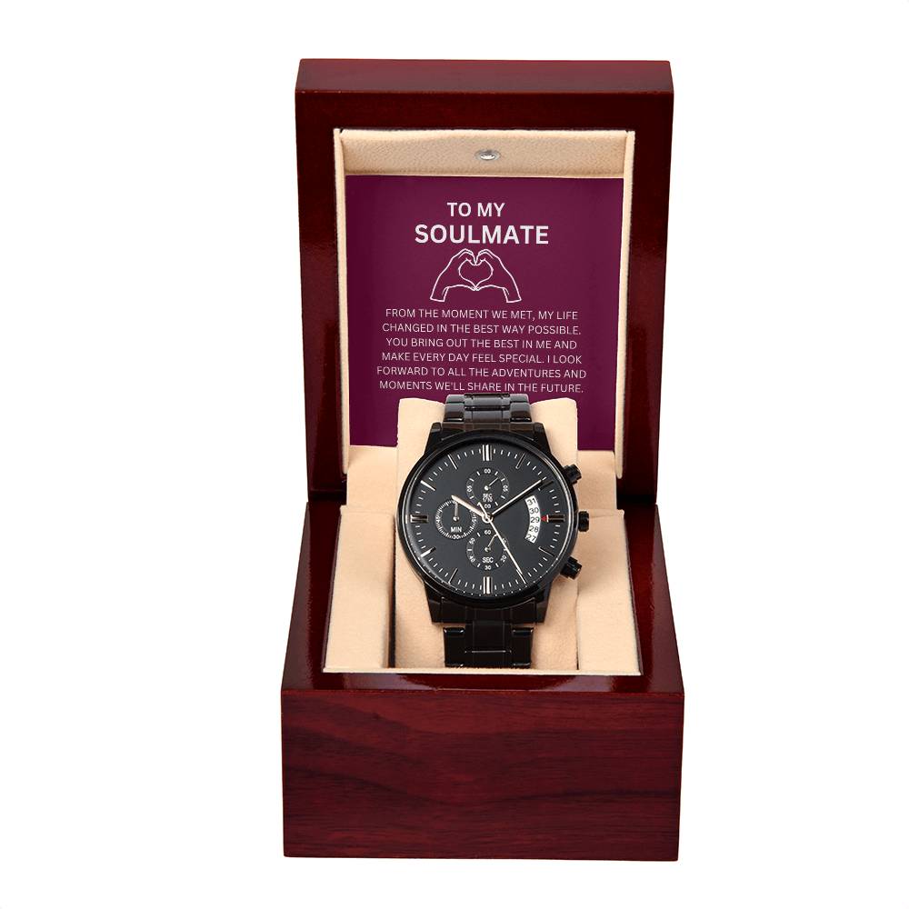Boyfriend’s Black Chronograph Watch with Personalized Heartfelt Card