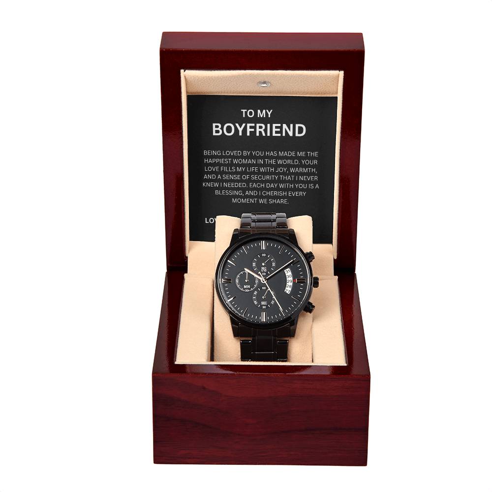 Premium Black Chronograph Watch for Boyfriend with Heartfelt Message Card