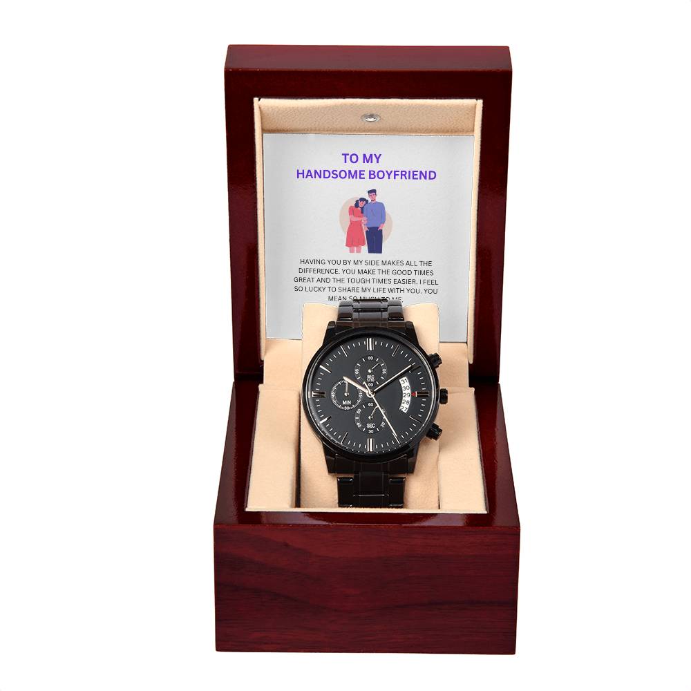 Boyfriend Gift — Sleek Black Chronograph Watch with Heartfelt Message Card