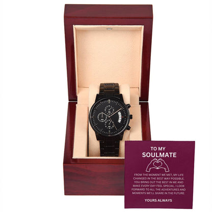Boyfriend’s Black Chronograph Watch with Personalized Heartfelt Card