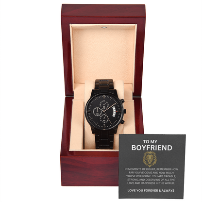 To My Boyfriend — Black Chronograph Watch with Heartfelt Message Card Gift