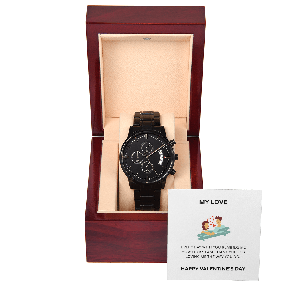 Valentine's Day Black Chronograph Watch Gift for Boyfriend with Message Card