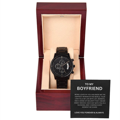 Premium Black Chronograph Watch for Boyfriend with Heartfelt Message Card