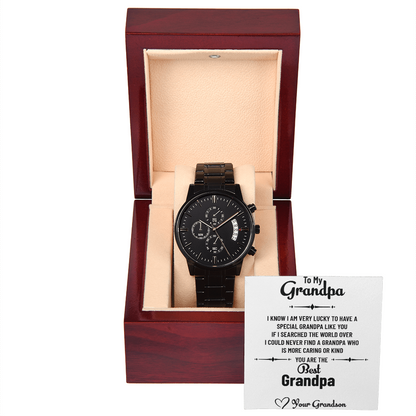 Black Chronograph Watch for Grandpa – Gift from Grandson with Heartfelt Message Card
