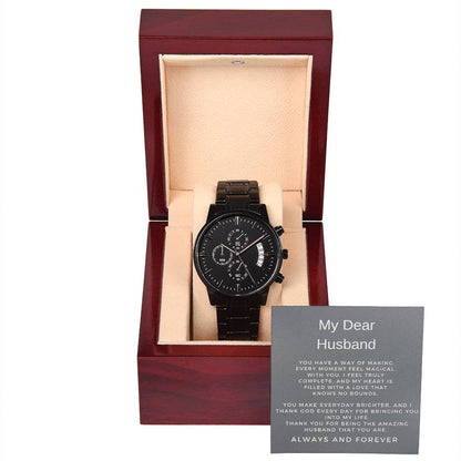 To My Husband | Sophisticated Black Chronograph Watch Perfect for Him