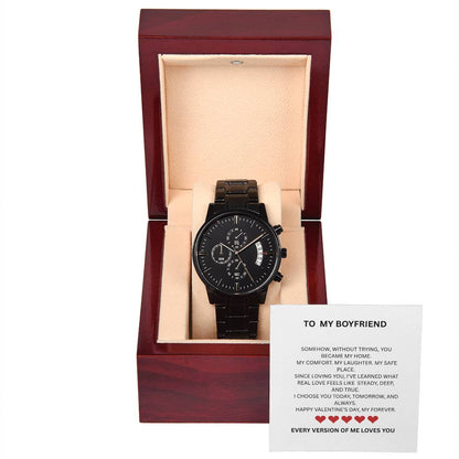 To My Boyfriend – Black Chronograph Watch with Valentine’s Message Card