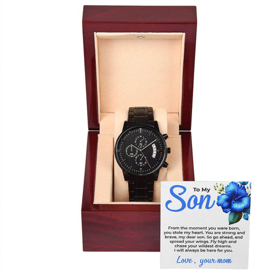 To My Dear Son | Black Chronograph Watch Gift from Mom | Sophisticated Gift for Son