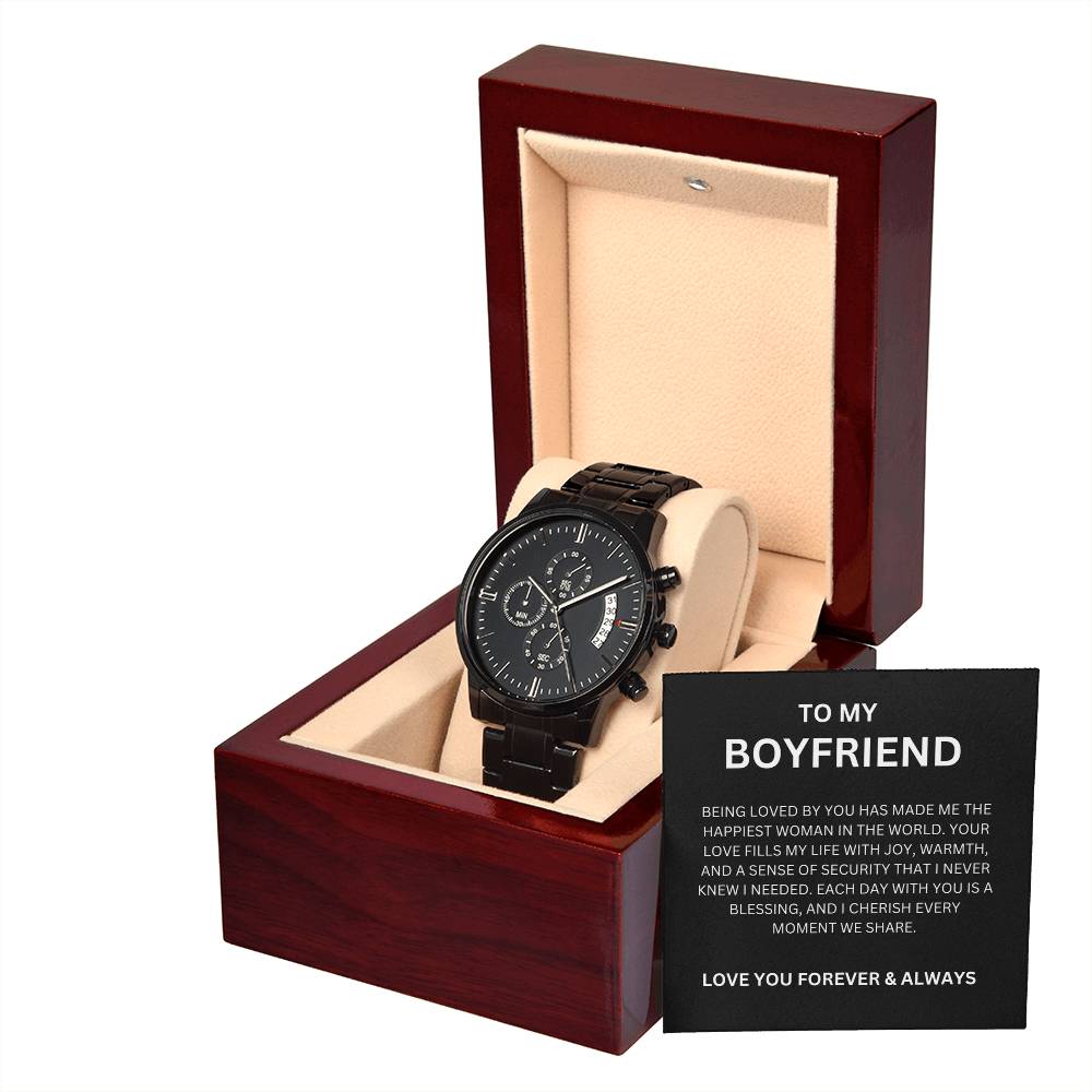 Premium Black Chronograph Watch for Boyfriend with Heartfelt Message Card