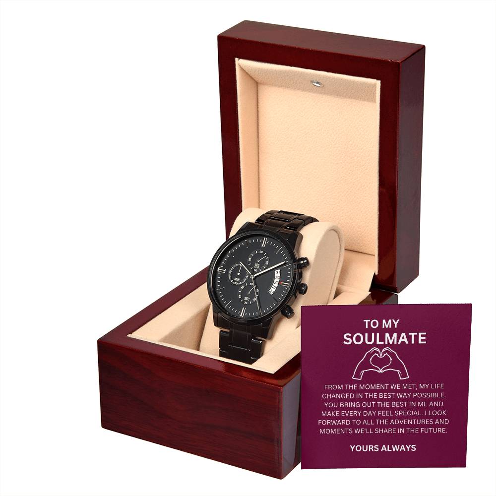 Boyfriend’s Black Chronograph Watch with Personalized Heartfelt Card