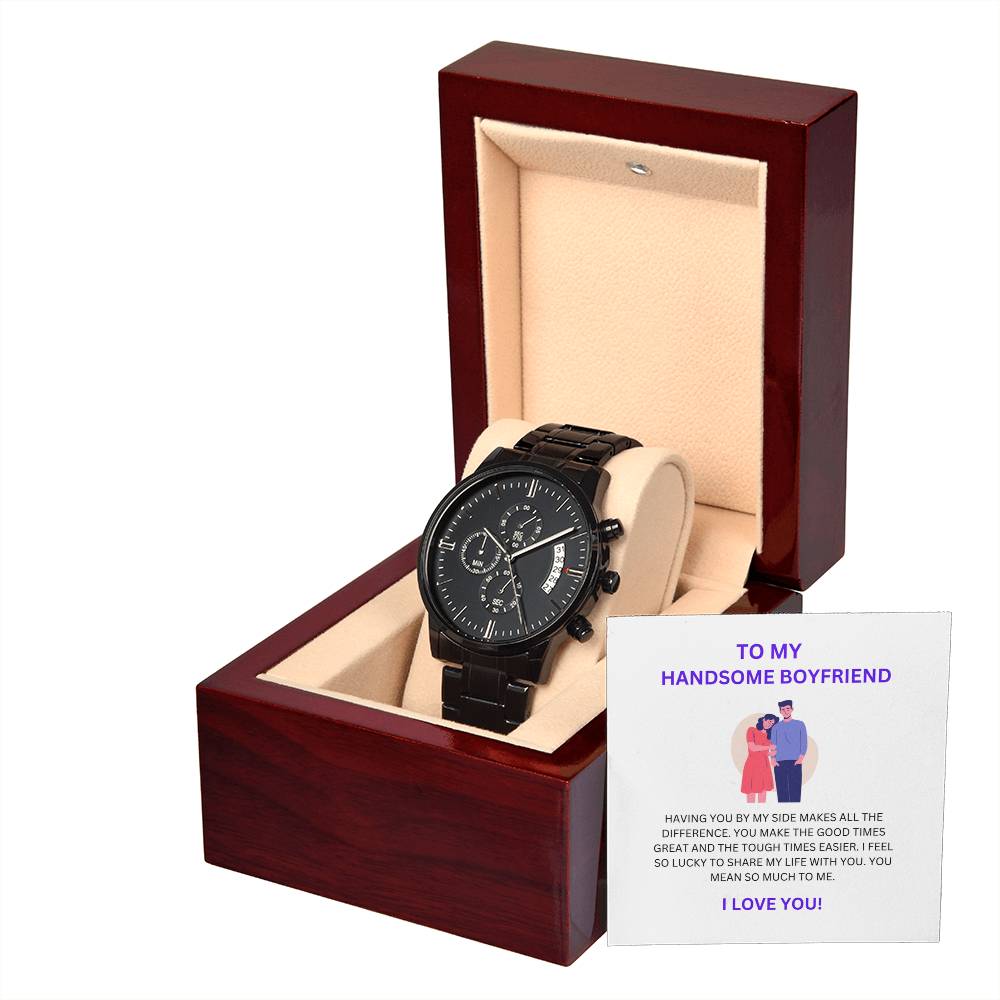 Boyfriend Gift — Sleek Black Chronograph Watch with Heartfelt Message Card