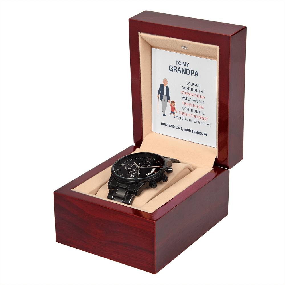 Grandpa Gift – Black Chronograph Watch from Grandson with Personalized Card