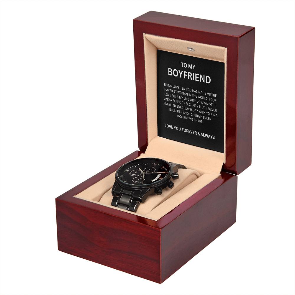 Premium Black Chronograph Watch for Boyfriend with Heartfelt Message Card