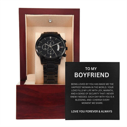 Premium Black Chronograph Watch for Boyfriend with Heartfelt Message Card
