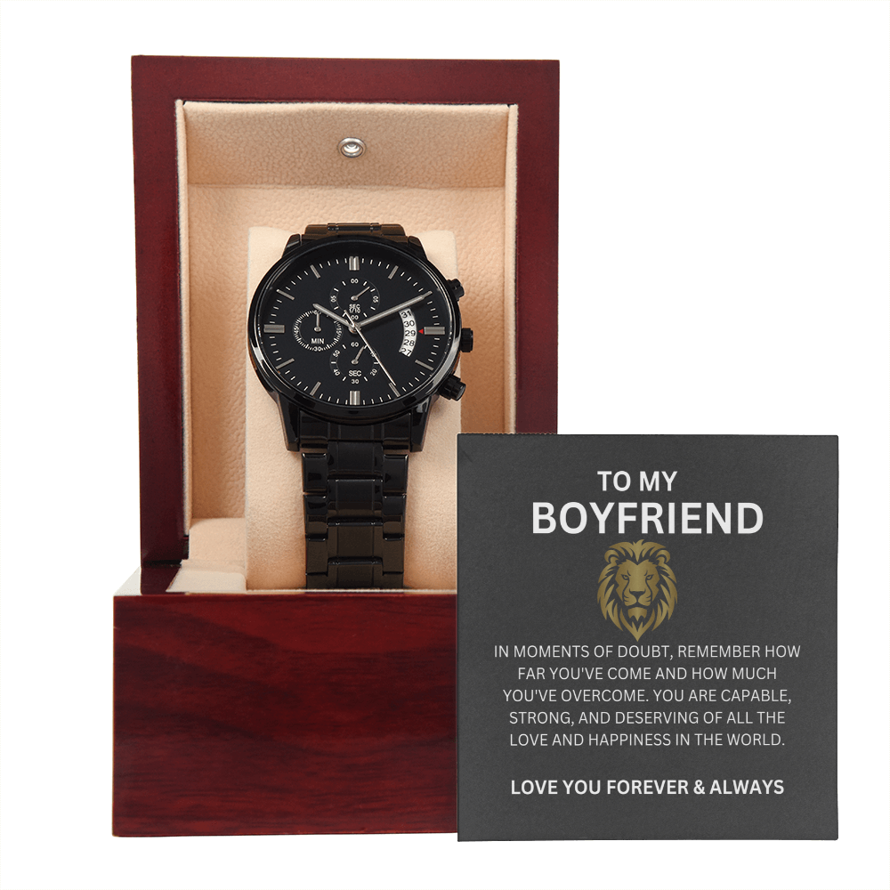 To My Boyfriend — Black Chronograph Watch with Heartfelt Message Card Gift
