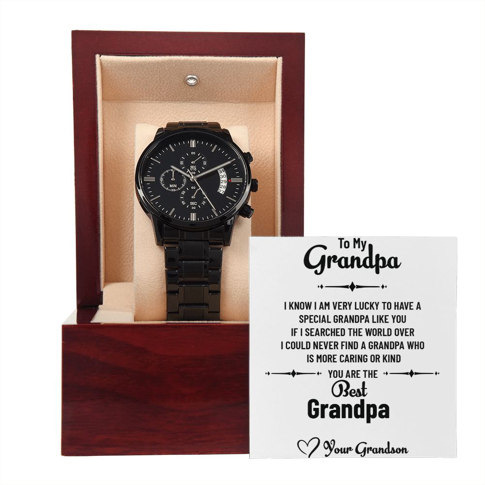 Black Chronograph Watch for Grandpa – Gift from Grandson with Heartfelt Message Card