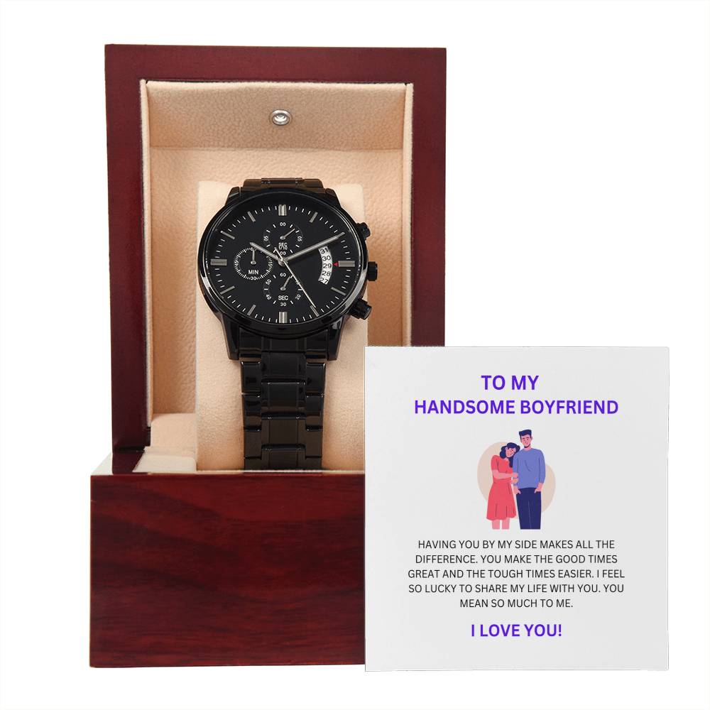 Boyfriend Gift — Sleek Black Chronograph Watch with Heartfelt Message Card