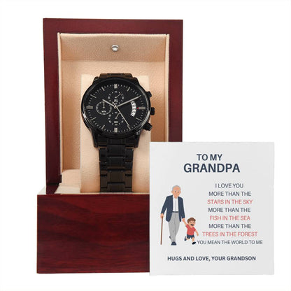 Grandpa Gift – Black Chronograph Watch from Grandson with Personalized Card