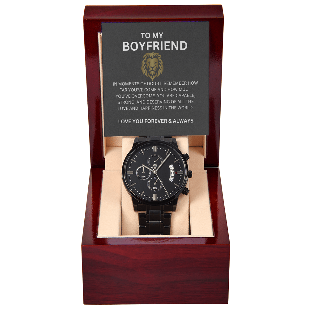 To My Boyfriend — Black Chronograph Watch Gift with Heartfelt Message Card