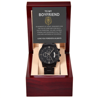 To My Boyfriend — Black Chronograph Watch Gift with Heartfelt Message Card