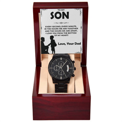 Dear Son | Black Chronograph Watch Gift from Dad | Elegant Timepiece for Son