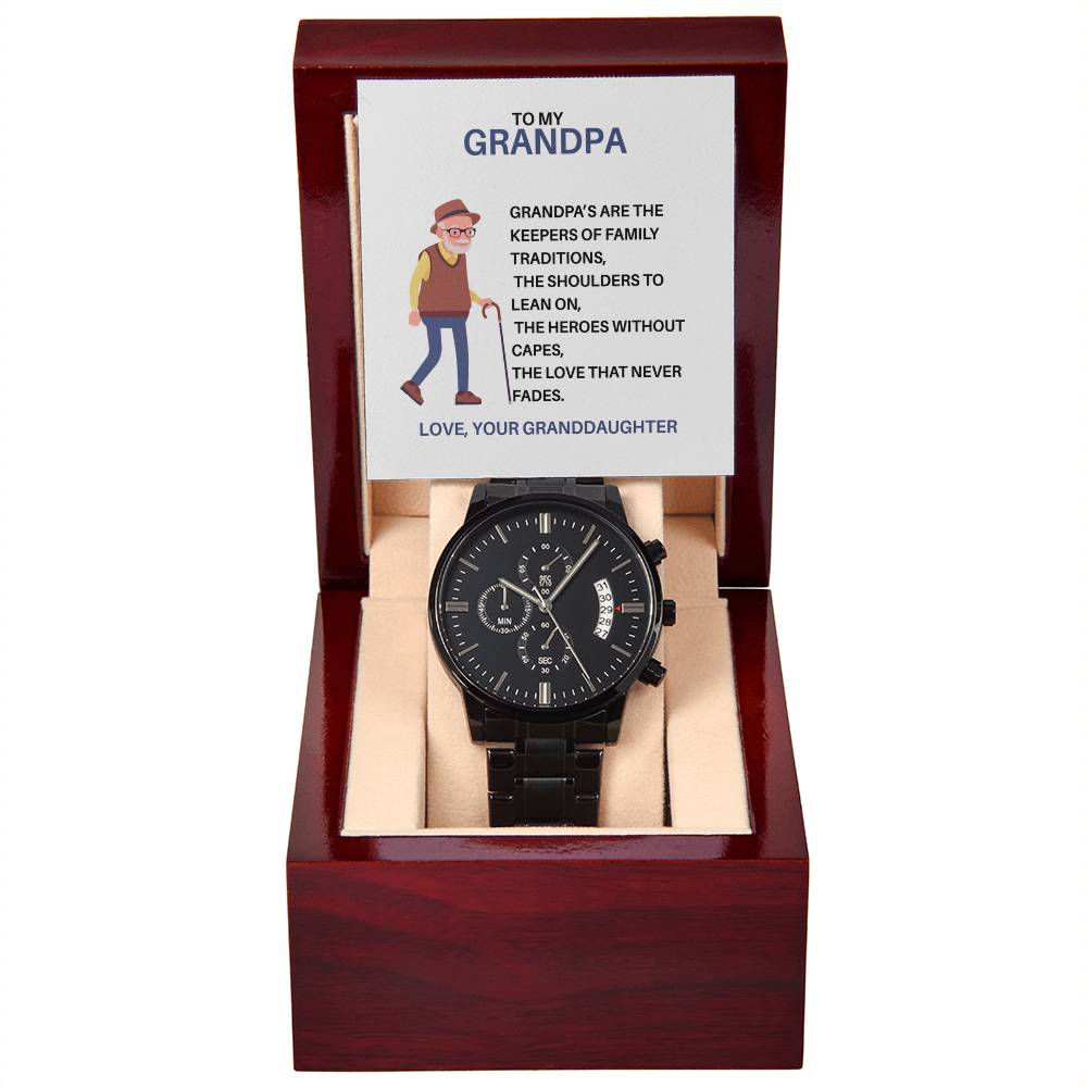 Heartfelt Gift for Grandpa – Black Chronograph Watch from Granddaughter