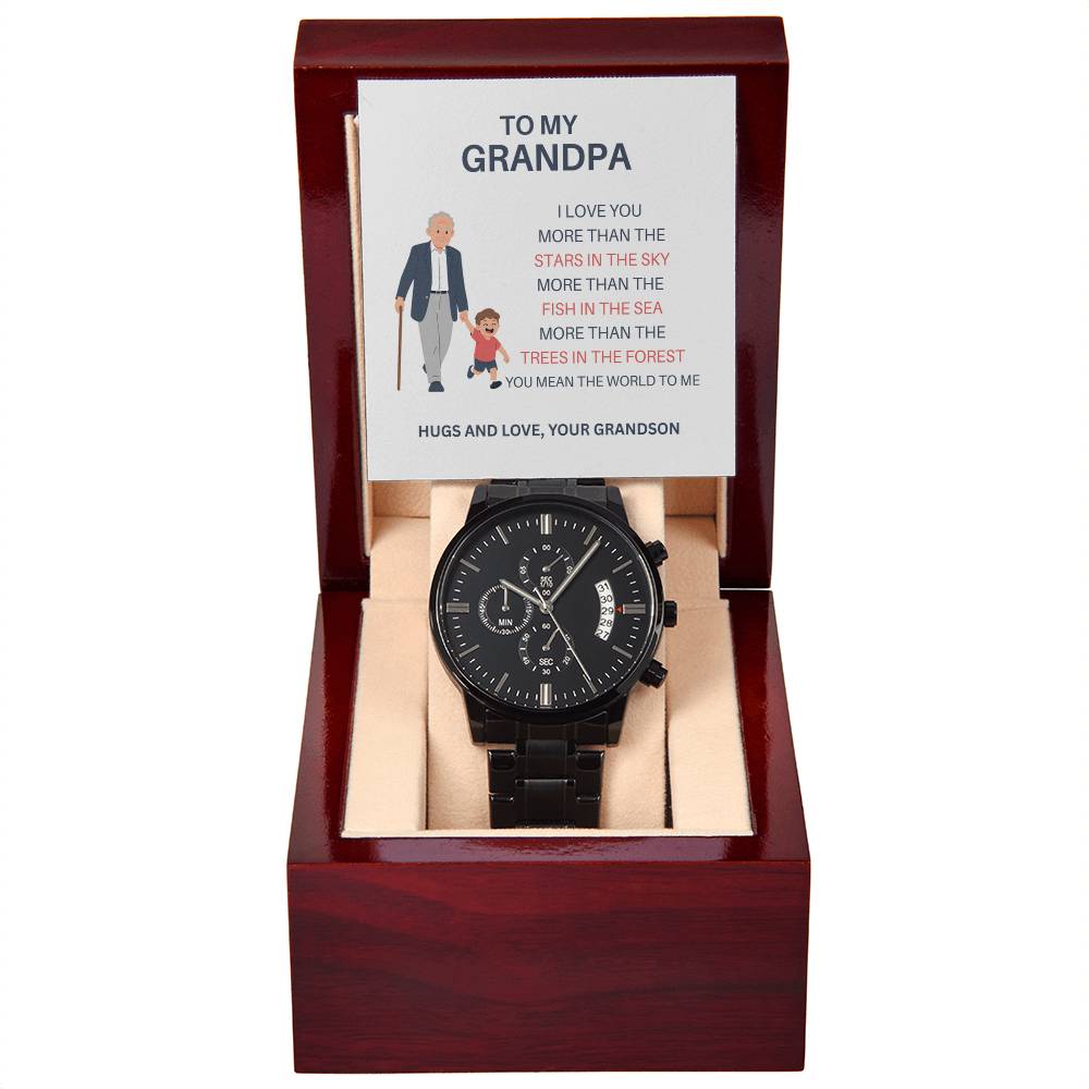 Grandpa Gift – Black Chronograph Watch from Grandson with Personalized Card