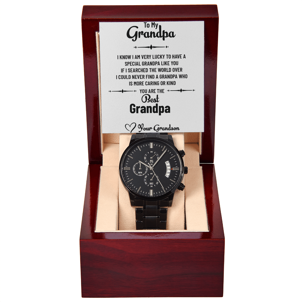 Black Chronograph Watch for Grandpa – Gift from Grandson with Heartfelt Message Card