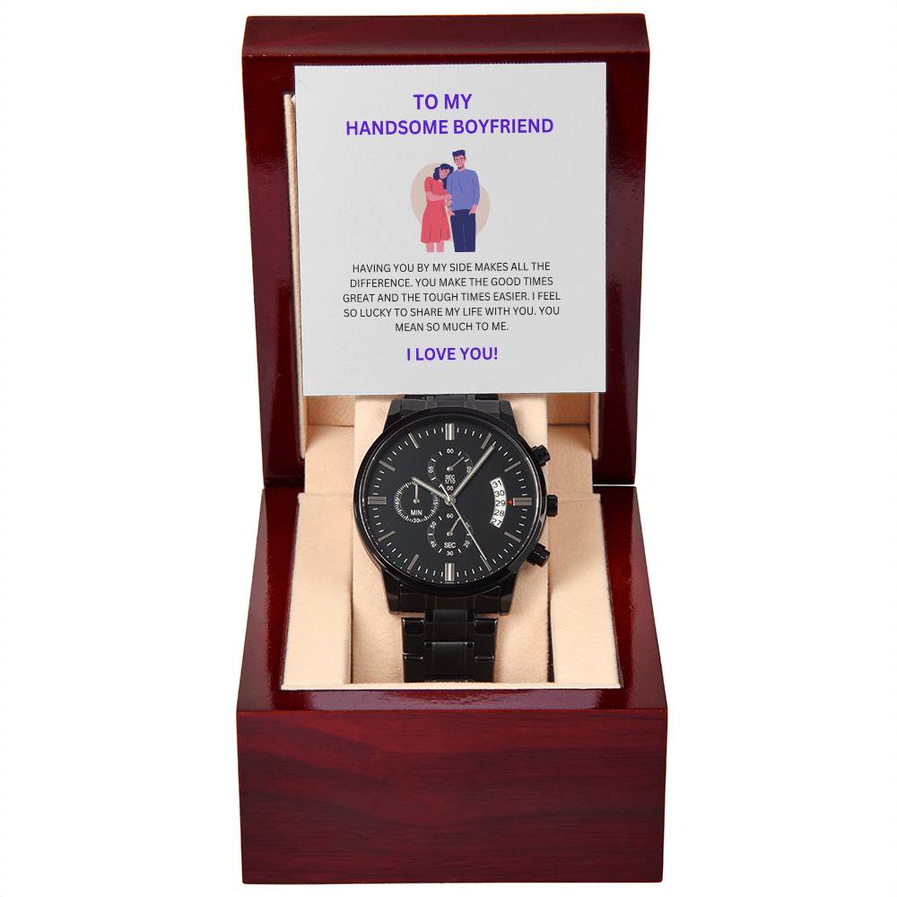 Boyfriend Gift — Sleek Black Chronograph Watch with Heartfelt Message Card