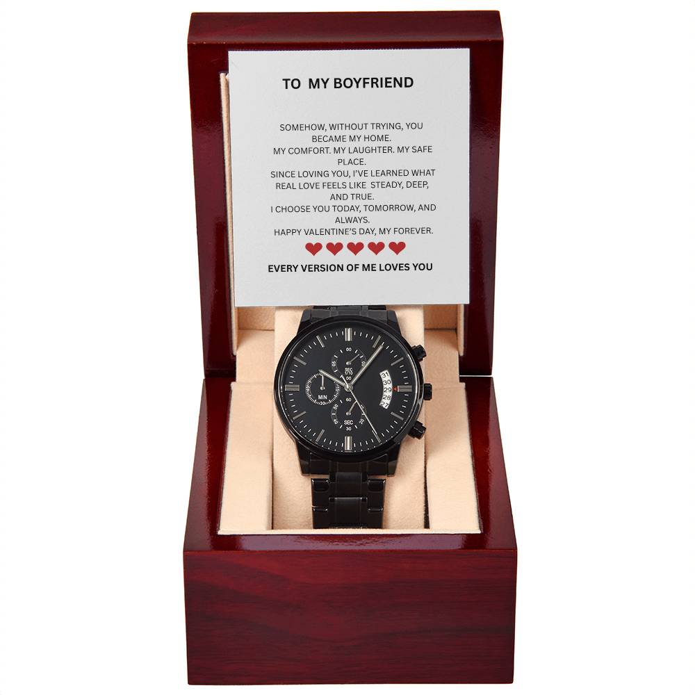 To My Boyfriend – Black Chronograph Watch with Valentine’s Message Card