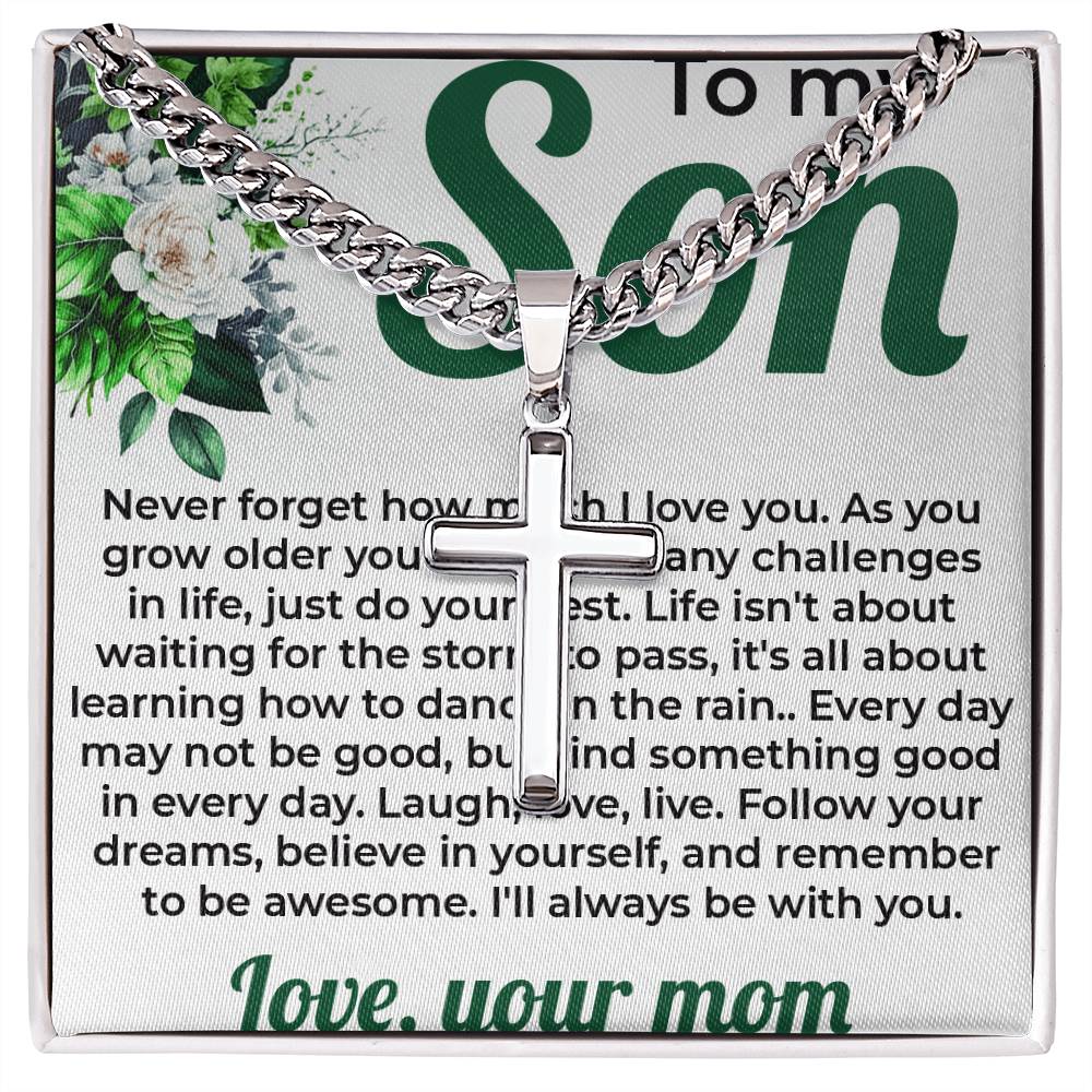 To My Lovely Boy | Cuban Link Chain with Artisan Cross Necklace from Mom - SOUVMOUR