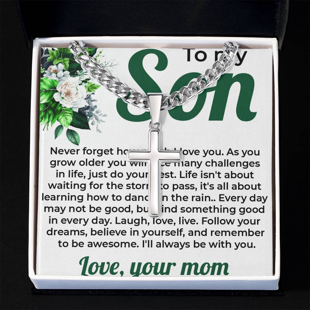 To My Lovely Boy | Cuban Link Chain with Artisan Cross Necklace from Mom - SOUVMOUR