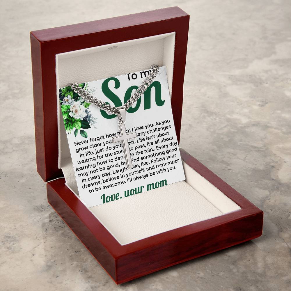 To My Lovely Boy | Cuban Link Chain with Artisan Cross Necklace from Mom - SOUVMOUR