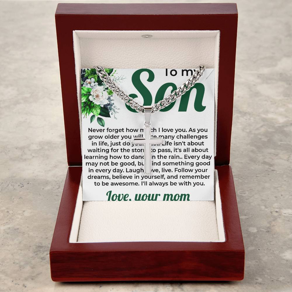 To My Lovely Boy | Cuban Link Chain with Artisan Cross Necklace from Mom - SOUVMOUR