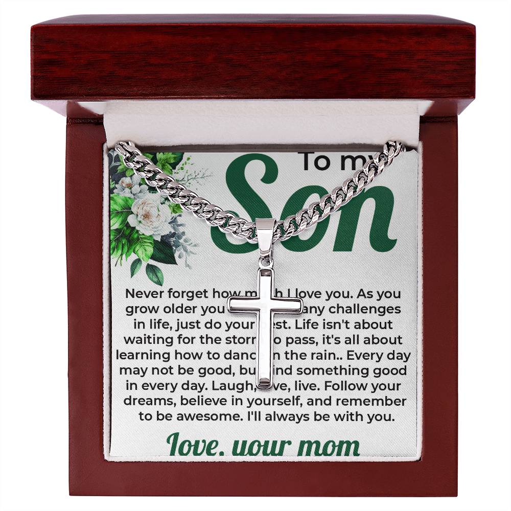 To My Lovely Boy | Cuban Link Chain with Artisan Cross Necklace from Mom - SOUVMOUR