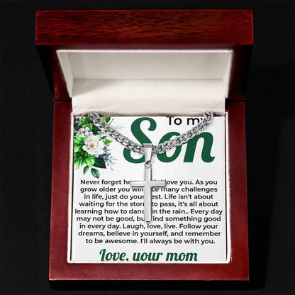 To My Lovely Boy | Cuban Link Chain with Artisan Cross Necklace from Mom - SOUVMOUR