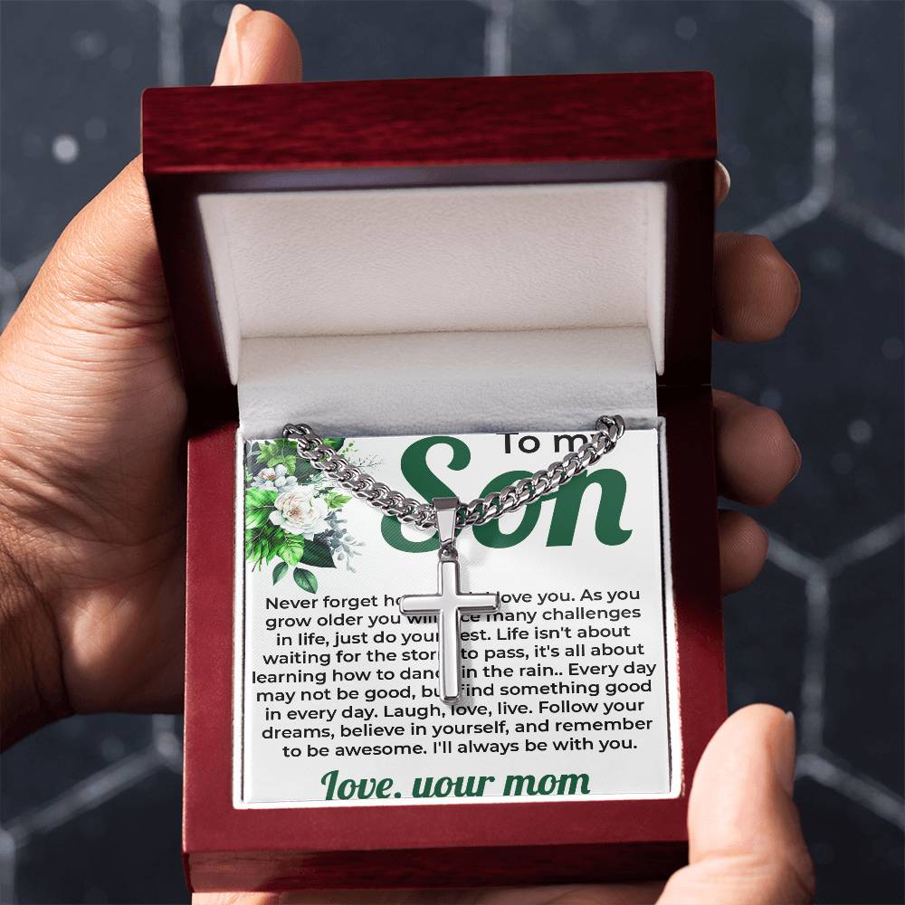 To My Lovely Boy | Cuban Link Chain with Artisan Cross Necklace from Mom - SOUVMOUR