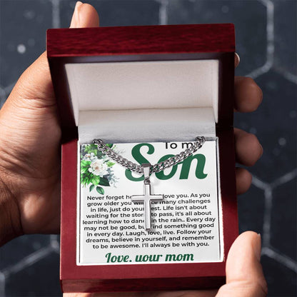 To My Lovely Boy | Cuban Link Chain with Artisan Cross Necklace from Mom - SOUVMOUR