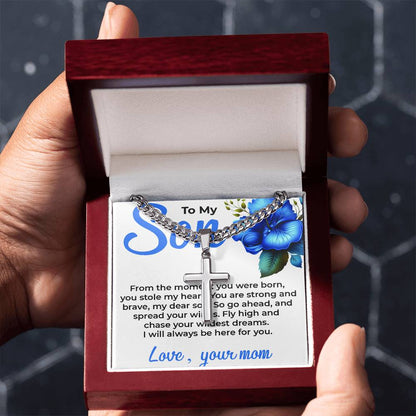 To My Dear Son | Cuban Link Chain with Artisan Cross Necklace from Mom