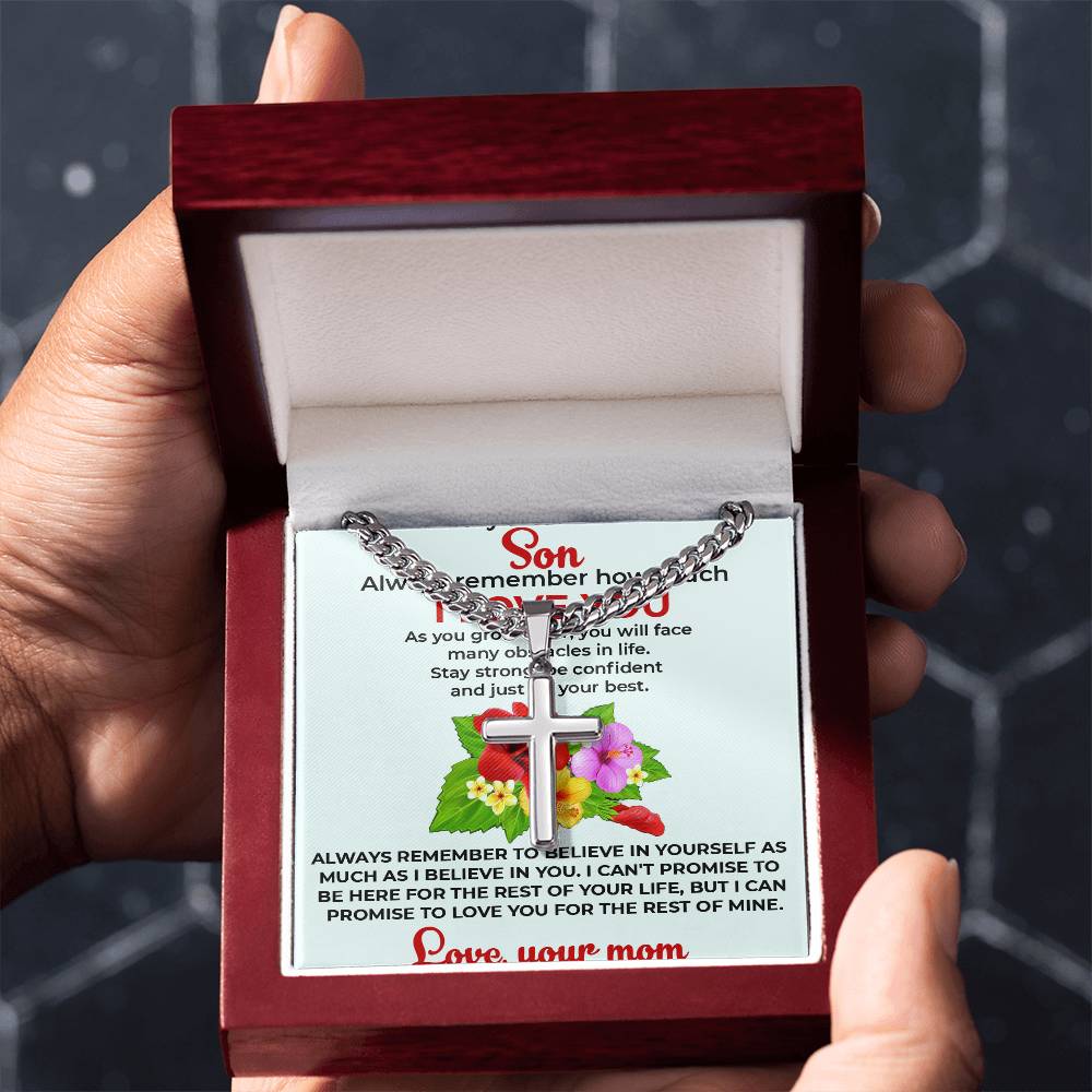 To My Beautiful Boy | Cuban Link Chain with Artisan Cross Necklace from Mom
