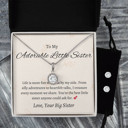 To My Adorable Little Sister – Necklace & Earring Set | A Heartwarming Token of Sisterly Love