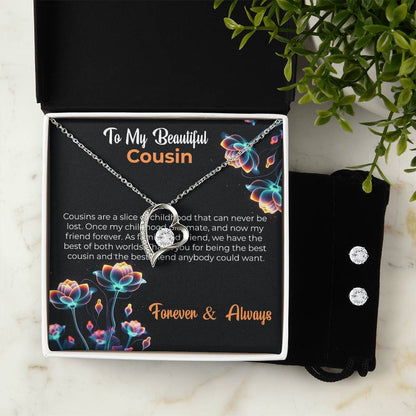 Cousin Necklace | To My Beautiful Cousin - Forever Love Necklace & Earring Set | Cousin Friendship Necklace
