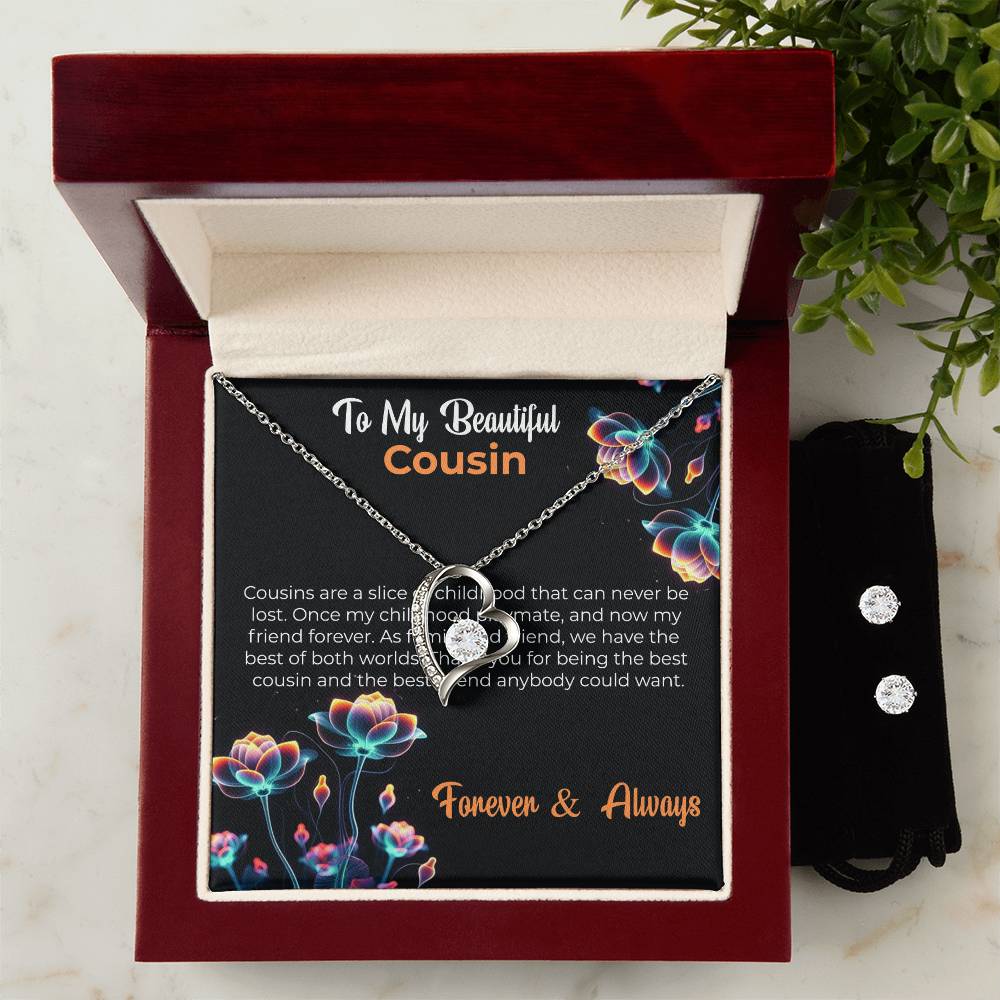 Cousin Necklace | To My Beautiful Cousin - Forever Love Necklace & Earring Set | Cousin Friendship Necklace