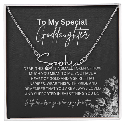 To My Special Goddaughter | Elegant Signature Name Necklace with a Heartfelt Message Card