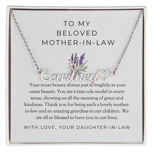 To My Beloved Mother-in-Law | Heart Name Necklace with Heartfelt MessageTo My Beloved Mother-in-Law | Heart-Shaped Custom Name Necklace with Heartfelt Message