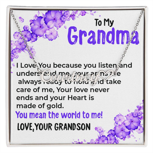 To My Grandma, My World | Stunning Heart Name Necklace Gift from Grandson | Gift for Grandma
