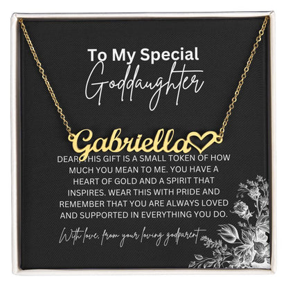 To My Special Goddaughter | Heart Shaped Name Necklace with a Heartfelt Message