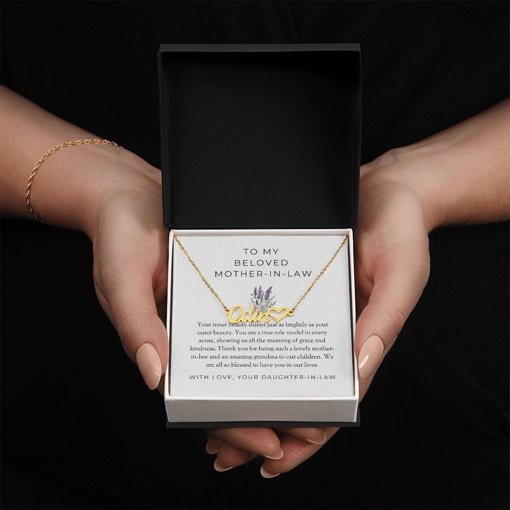 To My Beloved Mother-in-Law | Heart Name Necklace with Heartfelt MessageTo My Beloved Mother-in-Law | Heart-Shaped Custom Name Necklace with Heartfelt Message