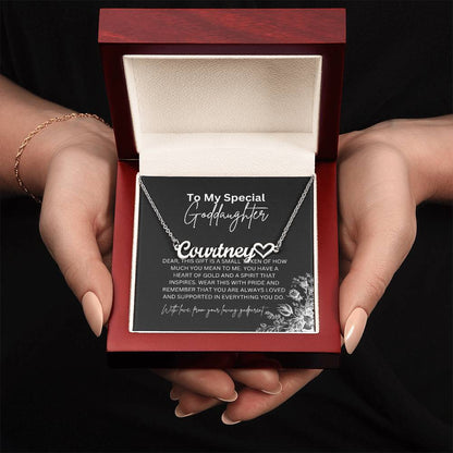 To My Special Goddaughter | Heart Shaped Name Necklace with a Heartfelt Message