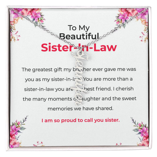 To My Beautiful Sister-in-law Vertical Name Necklace | Custom Name Necklace with Card | Sister-in-Law Gift